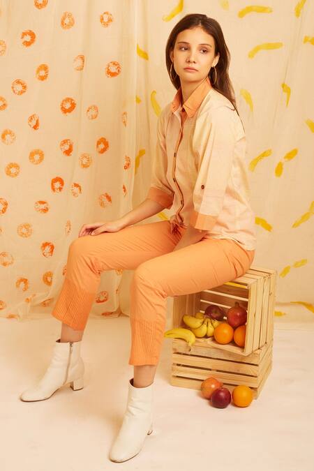 Banana Labs Orange Cotton Patchwork Collared Hand Block Print Shirt And Pant Set Online at Aza Fashions Banana Labs_Orange Cotton Patchwork Collared Hand Block Print Shirt And Pant Set _Online_at_Aza_Fashions