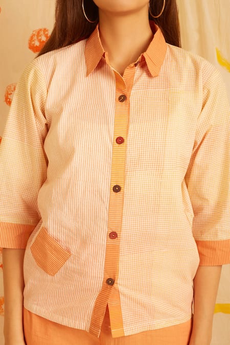 Shop Banana Labs Orange Cotton Patchwork Collared Hand Block Print Shirt And Pant Set Online at Aza Fashions Shop_Banana Labs_Orange Cotton Patchwork Collared Hand Block Print Shirt And Pant Set _Online_at_Aza_Fashions