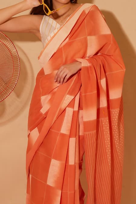 Banana Labs_Orange Cotton Squash Hand Block Print Saree With Blouse _Online_at_Aza_Fashions