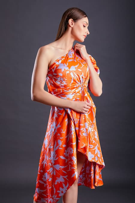 Buy_Fuga_Orange Satin One Shoulder Tangerine Dress _Online_at_Aza_Fashions