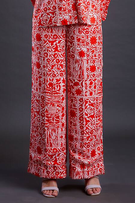 Shop Fuga Red Cotton Embroidery Raspberry Floral Pattern Power Pant Suit Set Online at Aza Fashions Shop_Fuga_Red Cotton Embroidery Raspberry Floral Pattern Power Pant Suit Set_Online_at_Aza_Fashions