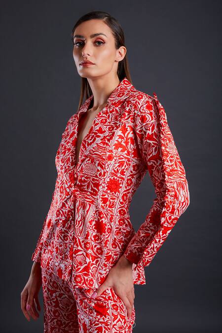 Fuga Red Cotton Embroidery Raspberry Floral Pattern Power Pant Suit Set Online at Aza Fashions Fuga_Red Cotton Embroidery Raspberry Floral Pattern Power Pant Suit Set_Online_at_Aza_Fashions