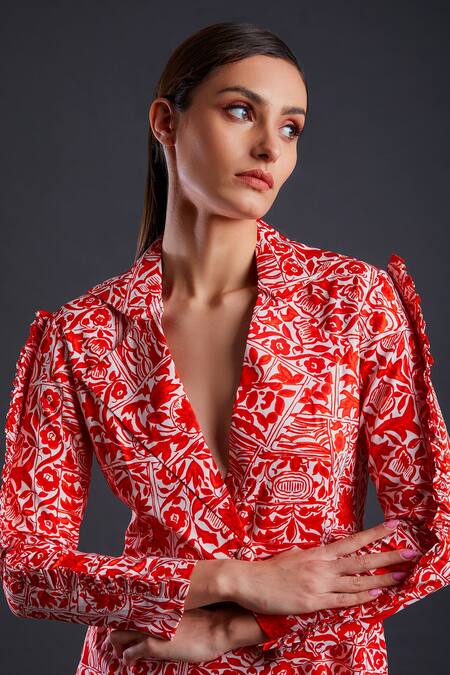 Buy Fuga Red Cotton Embroidery Raspberry Floral Pattern Power Pant Suit Set Online at Aza Fashions Buy_Fuga_Red Cotton Embroidery Raspberry Floral Pattern Power Pant Suit Set_Online_at_Aza_Fashions