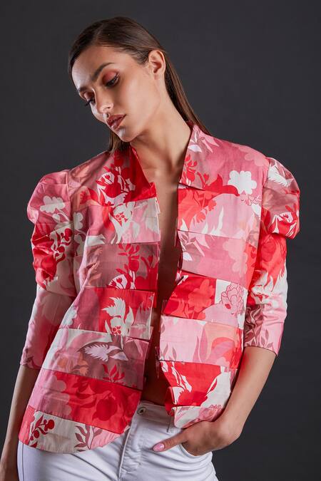 Fuga_Pink Cotton Open Neck Blush And Rose Puffed Sleeve Blazer_Online_at_Aza_Fashions