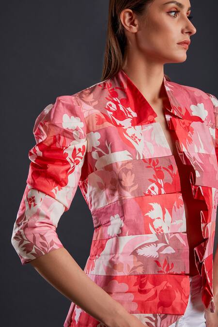 Buy_Fuga_Pink Cotton Open Neck Blush And Rose Puffed Sleeve Blazer_Online_at_Aza_Fashions