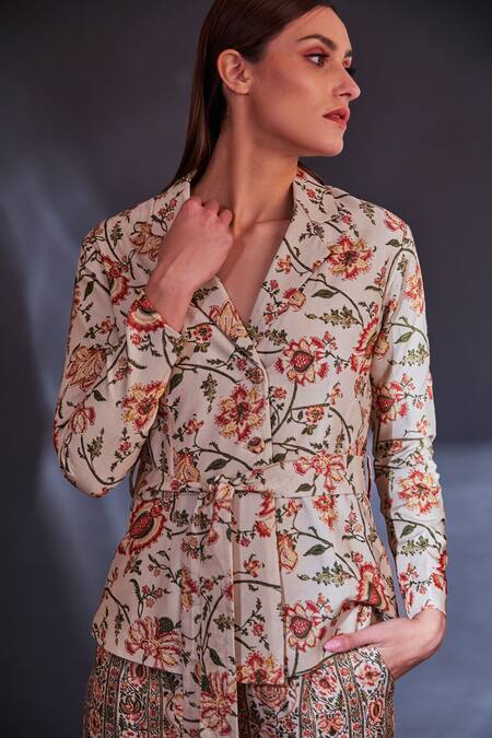 Fuga Beige Linen, Cotton Embroidery Pistachio Floral Print Blazer And Pant Set Online at Aza Fashions Fuga_Beige Linen, Cotton Embroidery Pistachio Floral Print Blazer And Pant Set_Online_at_Aza_Fashions