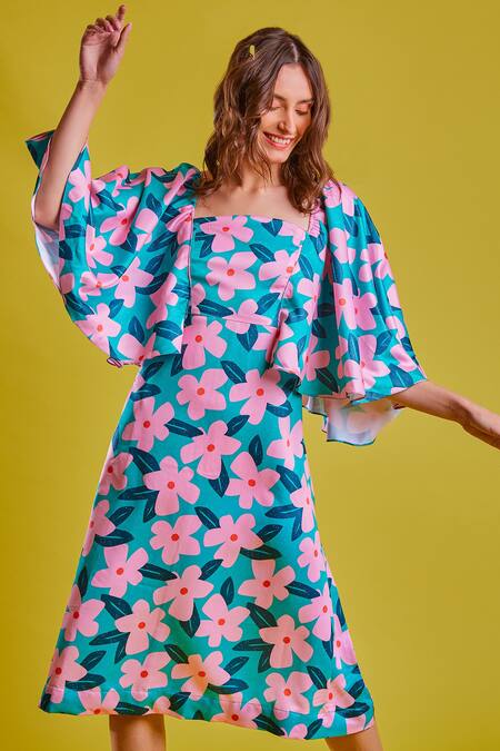 Fuga_Green Satin Square Neck Its A Date Printed Dress_Online_at_Aza_Fashions