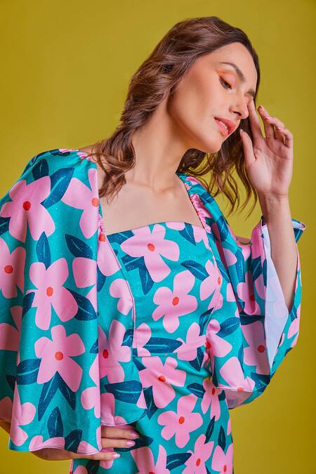 Buy_Fuga_Green Satin Square Neck Its A Date Printed Dress_Online_at_Aza_Fashions