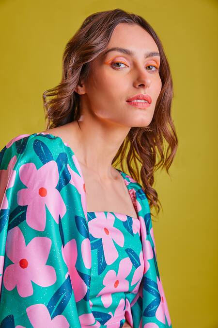 Shop_Fuga_Green Satin Square Neck Its A Date Printed Dress_Online_at_Aza_Fashions