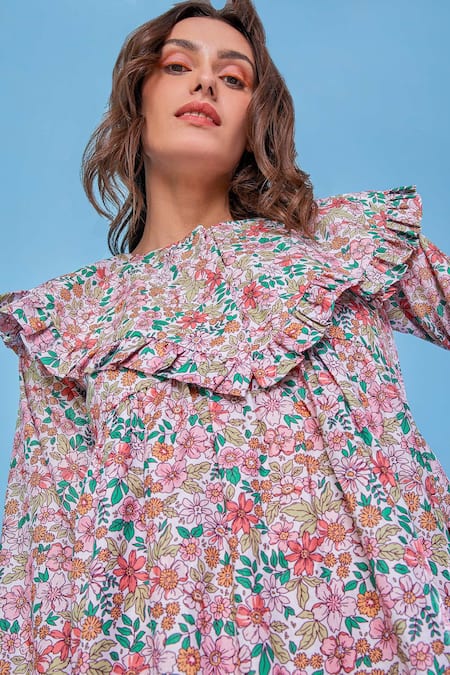 Buy_Fuga_Off White Cotton Round Neck Heart Collared Shift Dress _Online_at_Aza_Fashions