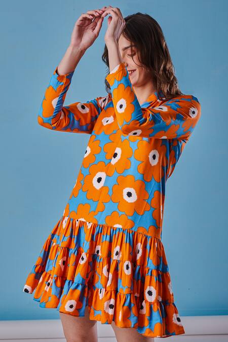 Fuga_Blue Georgette Collared Joyful Printed Dress_Online_at_Aza_Fashions