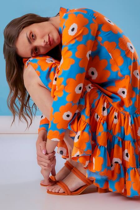 Buy_Fuga_Blue Georgette Collared Joyful Printed Dress_Online_at_Aza_Fashions