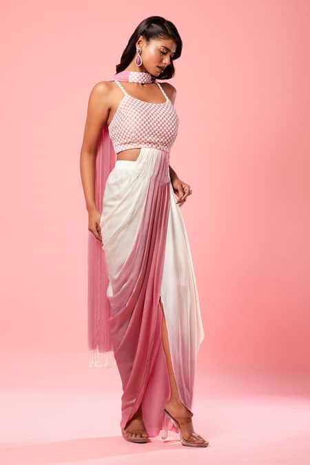 Quench A Thirst_Ivory Modal, Satin, Net Embroidery Pre-draped Ombre Effect Dress With Dupatta _Online_at_Aza_Fashions