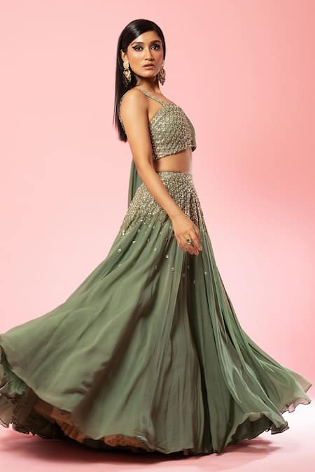 Quench A Thirst Green Georgette Embroidery, Cut Work, Sequins Lehenga And Draped Blouse Set Online at Aza Fashions Quench A Thirst_Green Georgette Embroidery, Cut Work, Sequins Lehenga And Draped Blouse Set _Online_at_Aza_Fashions