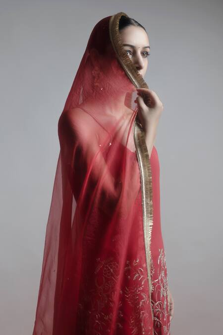 Rashi Jain_Red Viscose Georgette, Silk Organza Sequin And Lali Embroidered Kurta Palazzo Set _Online_at_Aza_Fashions