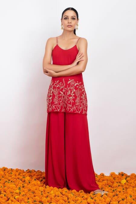 Buy_Rashi Jain_Red Viscose Georgette, Silk Organza Sequin And Lali Embroidered Kurta Palazzo Set _Online_at_Aza_Fashions