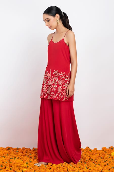 Shop_Rashi Jain_Red Viscose Georgette, Silk Organza Sequin And Lali Embroidered Kurta Palazzo Set _Online_at_Aza_Fashions