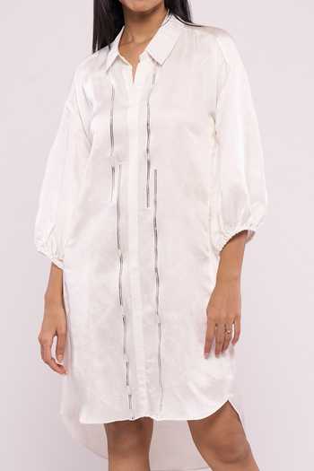 Mayu Kothari_White Satin, Linen Embroidery Collared Balloon Sleeve High Low Shirt Dress_Online_at_Aza_Fashions