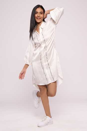 Shop_Mayu Kothari_White Satin, Linen Embroidery Collared Balloon Sleeve High Low Shirt Dress_Online_at_Aza_Fashions