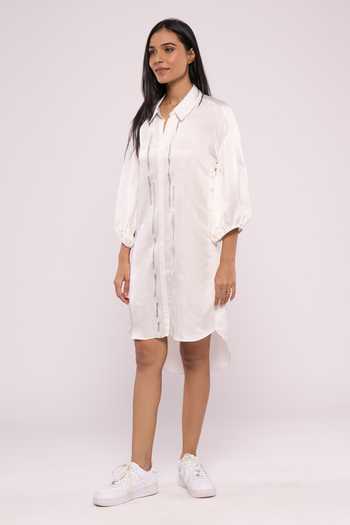 Mayu Kothari_White Satin, Linen Embroidery Collared Balloon Sleeve High Low Shirt Dress_at_Aza_Fashions