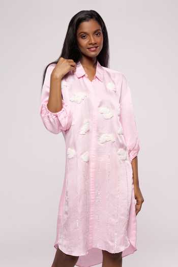 Buy_Mayu Kothari_Pink Satin, Linen Embroidery Collared Cloud Motif Shirt Dress_Online_at_Aza_Fashions