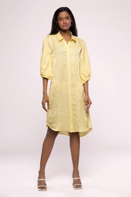 MAYU KOTHARI_Yellow Satin Linen Embroidered Collared Neck Shirt Dress  _Online_at_Aza_Fashions