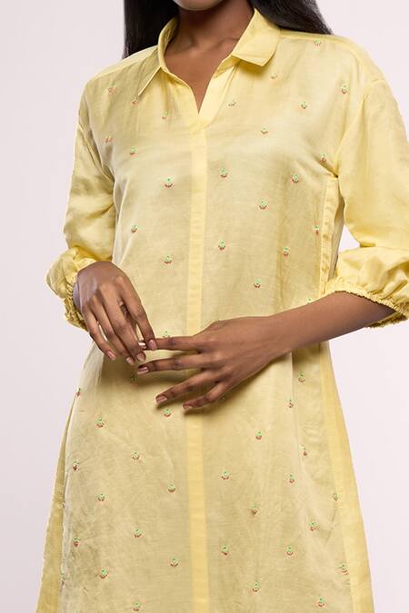 Shop_MAYU KOTHARI_Yellow Satin Linen Embroidered Collared Neck Shirt Dress  _Online_at_Aza_Fashions