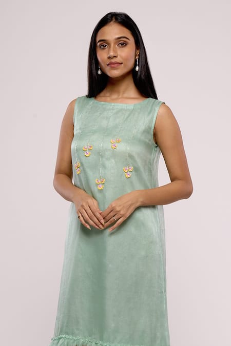 Mayu Kothari_Green Organza Embroidery Round Neck Floral Ruffle Hem Dress_Online_at_Aza_Fashions