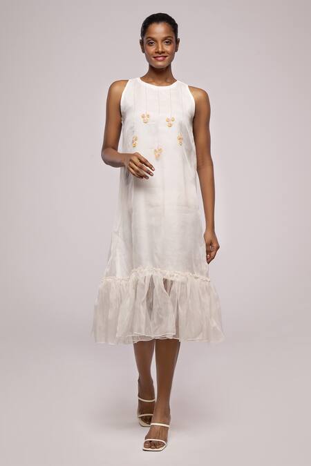 Buy_Mayu Kothari_White Organza, Silk Beads Round Neck Hand Embroidered Ruffle Hem Dress_Online_at_Aza_Fashions