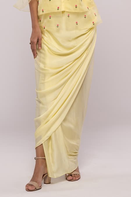 Mayu Kothari Yellow Organza, Modal, Satin Embroidery Rose Hand Shirt And Wrap Skirt Set Online at Aza Fashions Mayu Kothari_Yellow Organza, Modal, Satin Embroidery Rose Hand Shirt And Wrap Skirt Set_Online_at_Aza_Fashions