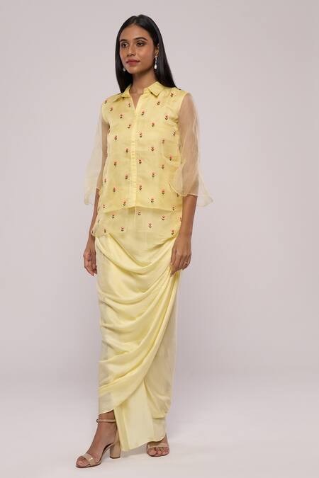 Mayu Kothari Yellow Organza Embroidery Collared Layered Rose Hand Shirt Online at Aza Fashions Mayu Kothari_Yellow Organza Embroidery Collared Layered Rose Hand Shirt_Online_at_Aza_Fashions