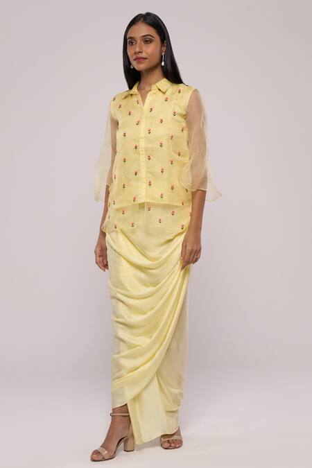 Buy_Mayu Kothari_Yellow Modal, Satin Cowl Draped Wrap Skirt_Online_at_Aza_Fashions