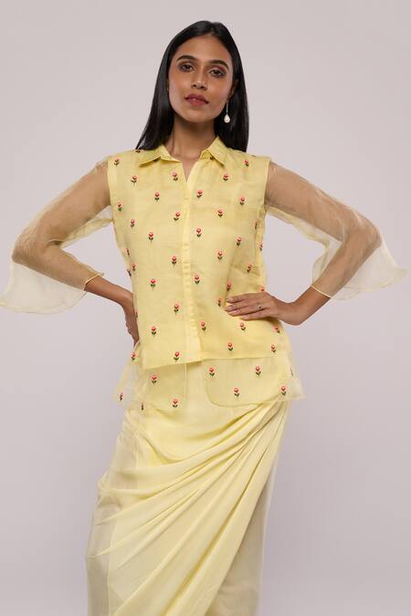 Buy Mayu Kothari Yellow Organza, Modal, Satin Embroidery Rose Hand Shirt And Wrap Skirt Set Online at Aza Fashions Buy_Mayu Kothari_Yellow Organza, Modal, Satin Embroidery Rose Hand Shirt And Wrap Skirt Set_Online_at_Aza_Fashions