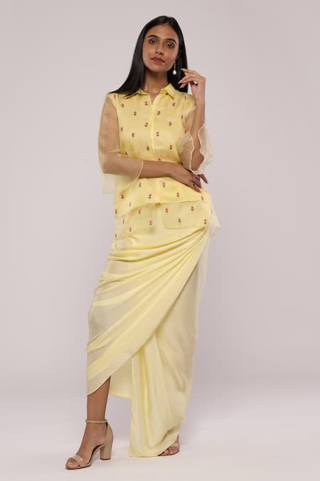 Shop Mayu Kothari Yellow Organza, Modal, Satin Embroidery Rose Hand Shirt And Wrap Skirt Set Online at Aza Fashions Shop_Mayu Kothari_Yellow Organza, Modal, Satin Embroidery Rose Hand Shirt And Wrap Skirt Set_Online_at_Aza_Fashions
