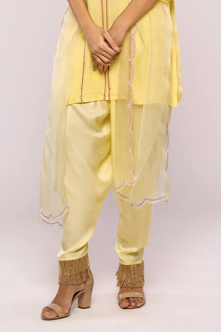 Mayu Kothari Yellow Satin Modal Hand Embroidered Latkans Hem Patiala Pant Online at Aza Fashions Mayu Kothari_Yellow Satin Modal Hand Embroidered Latkans Hem Patiala Pant _Online_at_Aza_Fashions