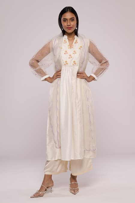 Mayu Kothari_White Silk, Organza Embroidery Bandeau Neck Yoke Flared Kurta_Online_at_Aza_Fashions
