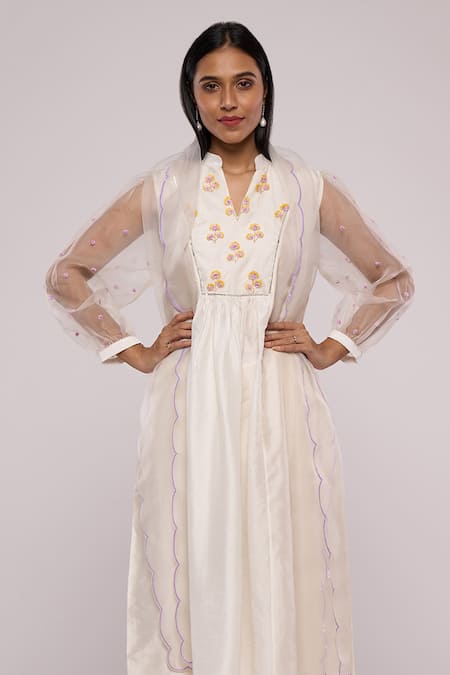 Buy_Mayu Kothari_White Silk, Organza Embroidery Bandeau Neck Yoke Flared Kurta_Online_at_Aza_Fashions