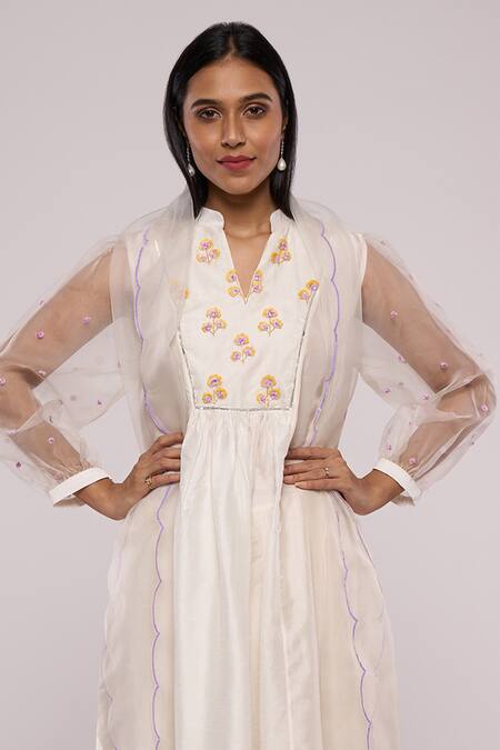Mayu Kothari_White Silk, Organza Beads, Embroidery Bandeau Yoke Flared Kurta Palazzo Set_Online_at_Aza_Fashions