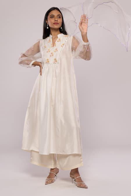 Shop_Mayu Kothari_White Silk, Organza Embroidery Bandeau Neck Yoke Flared Kurta_Online_at_Aza_Fashions