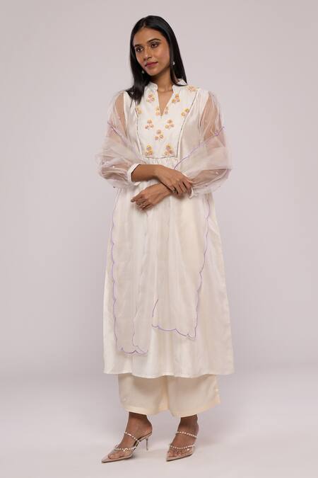 Mayu Kothari_White Silk, Organza Beads, Embroidery Bandeau Yoke Flared Kurta Palazzo Set_at_Aza_Fashions