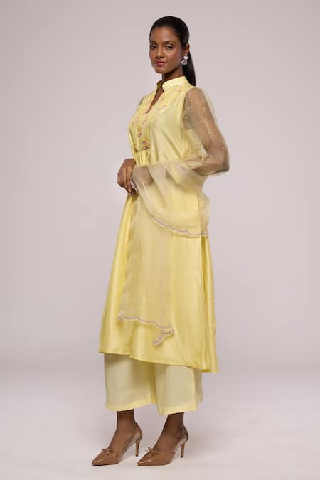 Buy Mayu Kothari Yellow Silk, Organza Embroidery Bandeau Neck Yoke Floral Kurta Palazzo Set Online at Aza Fashions Buy_Mayu Kothari_Yellow Silk, Organza Embroidery Bandeau Neck Yoke Floral Kurta Palazzo Set_Online_at_Aza_Fashions