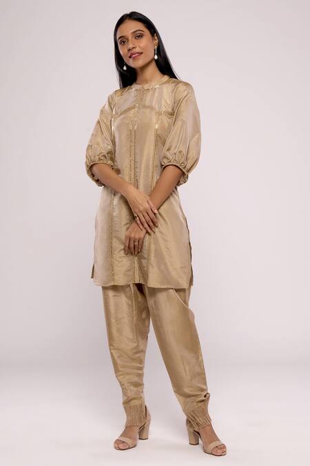Mayu Kothari_Gold Satin Modal Hand Embroidered Jute Tassels Patiala Pant _Online_at_Aza_Fashions