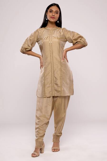 Buy_Mayu Kothari_Gold Satin Modal Hand Embroidered Jute Tassels Patiala Pant _Online_at_Aza_Fashions