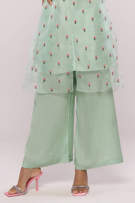 Buy_Mayu Kothari_Green Organza, Modal, Satin, Silk Layered Rose Hand Kurta And Palazzo Set_Online_at_Aza_Fashions