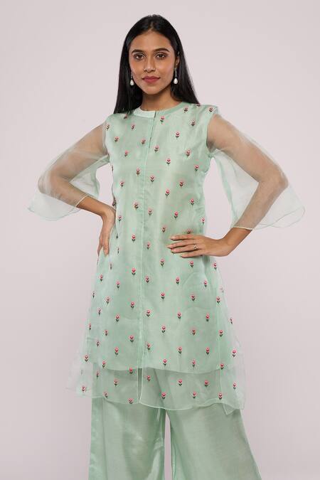Shop_Mayu Kothari_Green Organza, Modal, Satin, Silk Layered Rose Hand Kurta And Palazzo Set_Online_at_Aza_Fashions