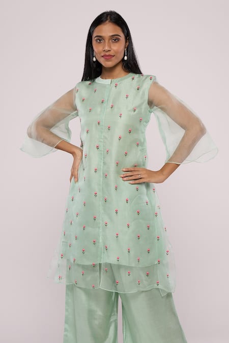 Buy_Mayu Kothari_Green Organza Embroidery Bandeau Neck Layered Rose Hand Kurta_Online_at_Aza_Fashions
