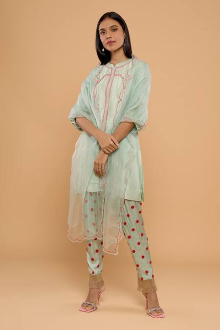 Mayu Kothari_Green Satin Modal Hand Embroidered Polka Dots Pattern Patiala Pant _Online_at_Aza_Fashions