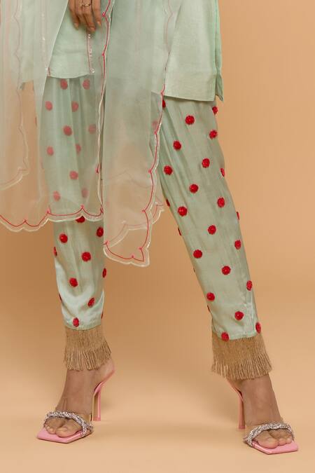 Buy_Mayu Kothari_Green Satin Modal Hand Embroidered Polka Dots Pattern Patiala Pant _Online_at_Aza_Fashions