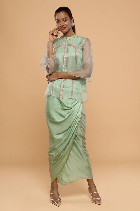 Buy_Mayu Kothari_Green Modal, Satin Wrap Skirt_Online_at_Aza_Fashions