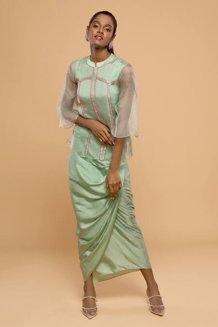 Shop_Mayu Kothari_Green Modal, Satin Wrap Skirt_Online_at_Aza_Fashions